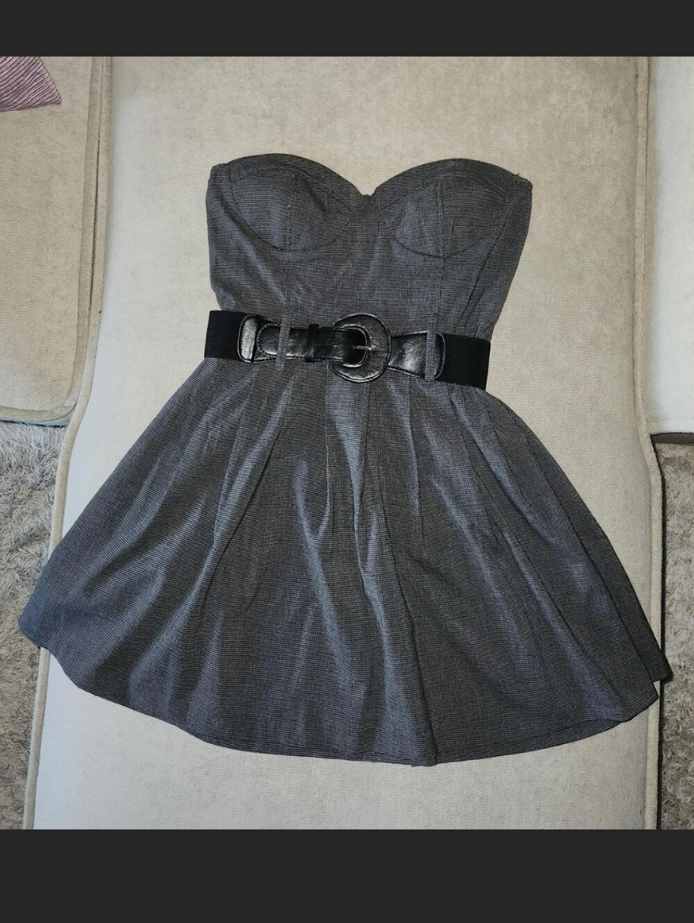 Vintage Love Culture Strapless Gray Fit & Flare Dress with Black Belt